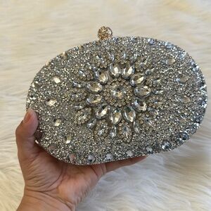 Ramla Silver Rhinestone Encrusted Luxury Handmade Clutch Purse Crossbody HandBag